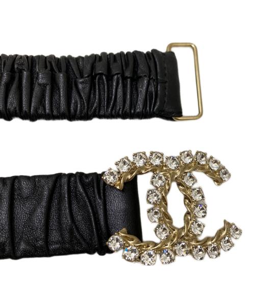 CHANEL（シャネル）CHANEL (シャネル) ココマーク ラインストーン レザー ゴム ベルト ブラックの古着・服飾アイテム