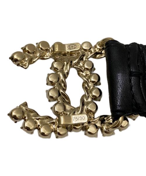CHANEL（シャネル）CHANEL (シャネル) ココマーク ラインストーン レザー ゴム ベルト ブラックの古着・服飾アイテム