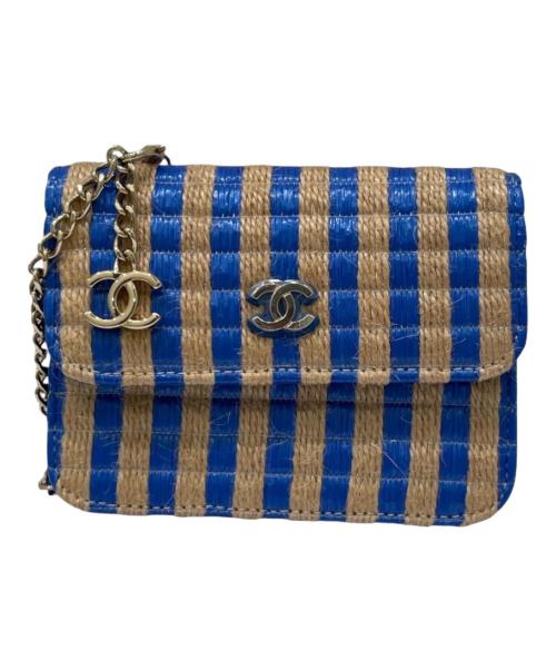 CHANEL（シャネル）CHANEL (シャネル) ココマーク ラフィア チェーンショルダーバッグ ブルー×ベージュの古着・服飾アイテム