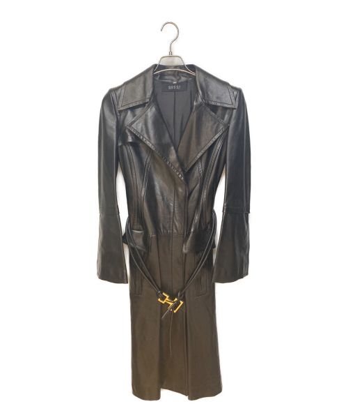 GUCCI（グッチ）GUCCI (グッチ) ウエストベルト付きレザーロングコート ブラック サイズ:38の古着・服飾アイテム