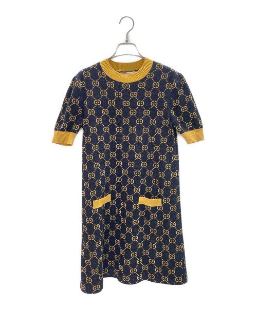 GUCCI（グッチ）GUCCI (グッチ) GGラメジャカードドレス ネイビー×イエロー サイズ:XSの古着・服飾アイテム