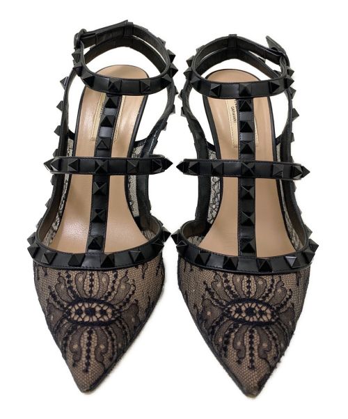 VALENTINO（ヴァレンティノ）VALENTINO (ヴァレンティノ) レーストゥスタッズヒールパンプス ブラック サイズ:38の古着・服飾アイテム