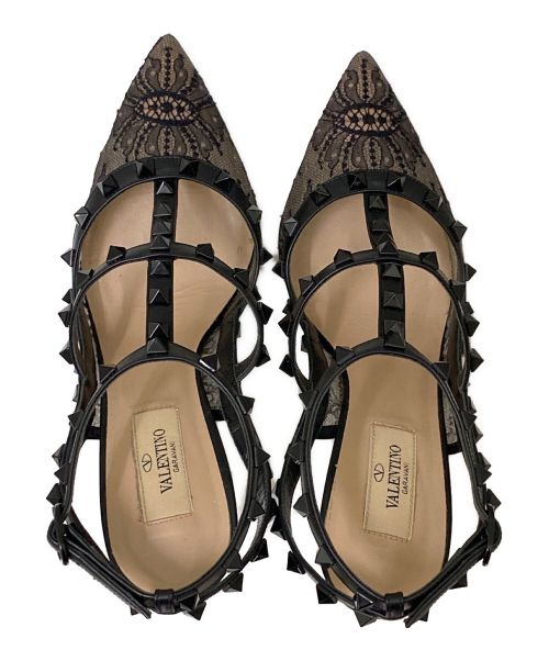 VALENTINO（ヴァレンティノ）VALENTINO (ヴァレンティノ) レーストゥスタッズヒールパンプス ブラック サイズ:38の古着・服飾アイテム