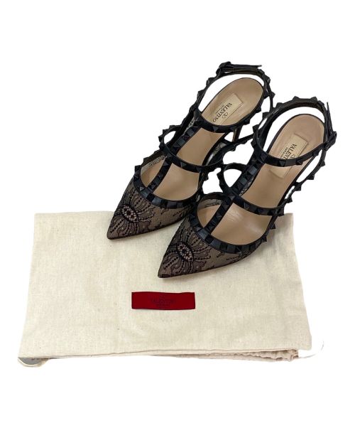 VALENTINO（ヴァレンティノ）VALENTINO (ヴァレンティノ) レーストゥスタッズヒールパンプス ブラック サイズ:38の古着・服飾アイテム