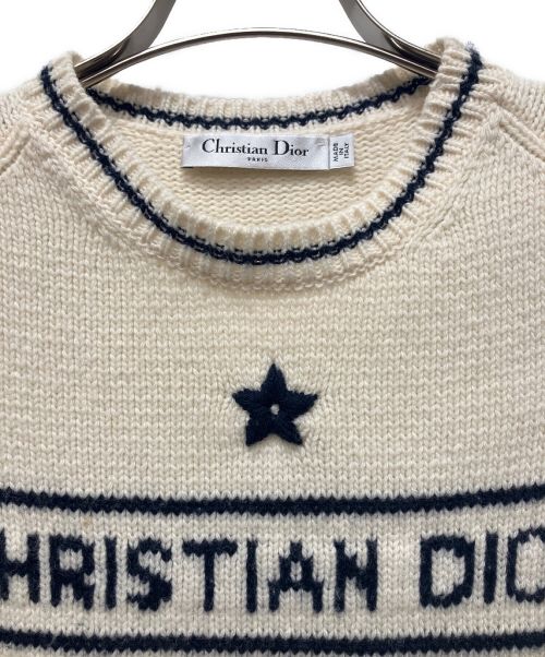 Christian Dior（クリスチャン ディオール）Christian Dior (クリスチャン ディオール) カシミヤ ウール パフスリーブ 半袖 ロゴ ニット アイボリー サイズ:38の古着・服飾アイテム