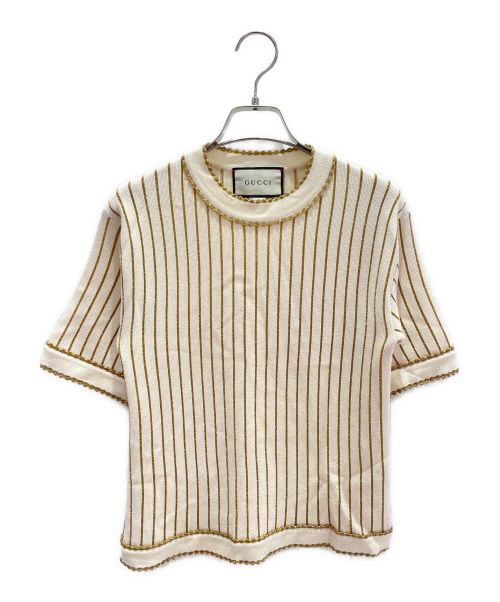 GUCCI（グッチ）GUCCI (グッチ) ストライプ半袖ニット アイボリー×ゴールド サイズ:XXSの古着・服飾アイテム