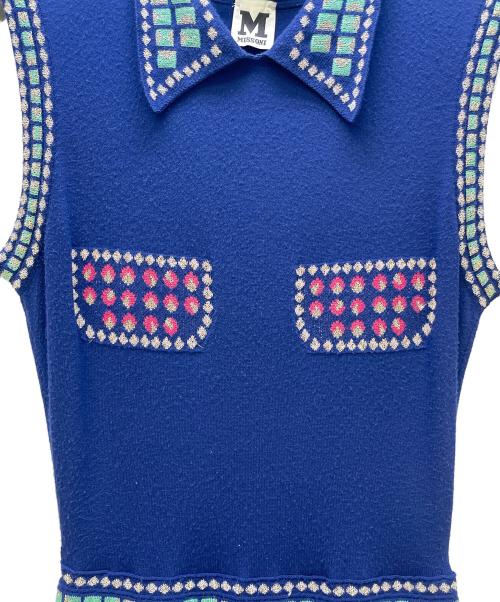 missoni（ミッソーニ）MISSONI (ミッソーニ) 襟付ノースリーブワンピース ネイビー×グリーン×ピンク サイズ:40の古着・服飾アイテム