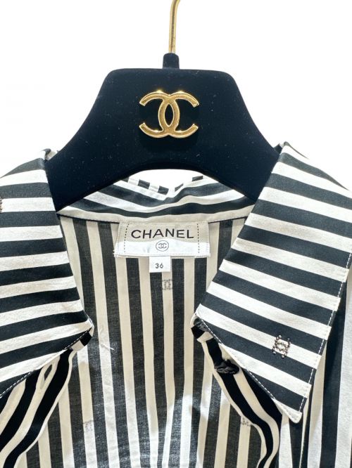 CHANEL（シャネル）CHANEL (シャネル) ココマーク ストレッチ ポプリン ブラウス ブラック×ホワイト サイズ:36の古着・服飾アイテム