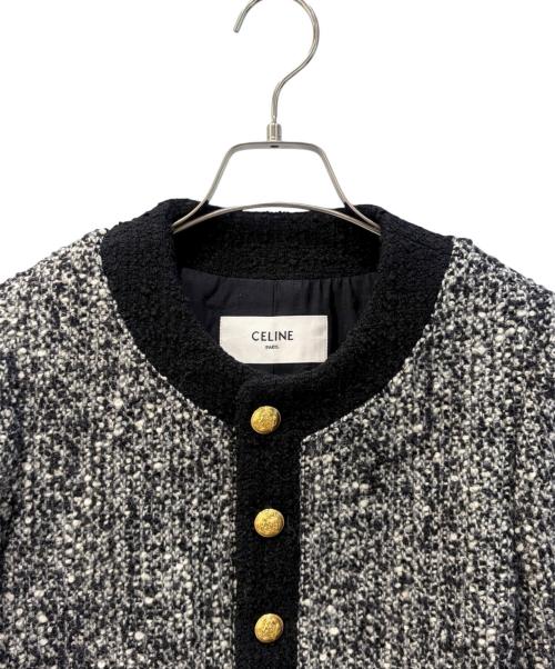 CELINE（セリーヌ）CELINE (セリーヌ) ノーカラーツイードジャケット ブラック×ホワイト サイズ:34の古着・服飾アイテム