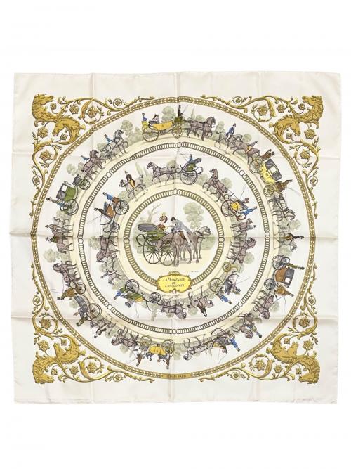 HERMES（エルメス）HERMES (エルメス) カレ90 ロンシャンへの散歩 ホワイト サイズ:90　の古着・服飾アイテム