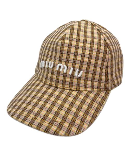 MIU MIU（ミュウミュウ）MIU MIU (ミュウミュウ) チェックロゴベースボールキャップ ベージュ×ピンク サイズ:Sの古着・服飾アイテム