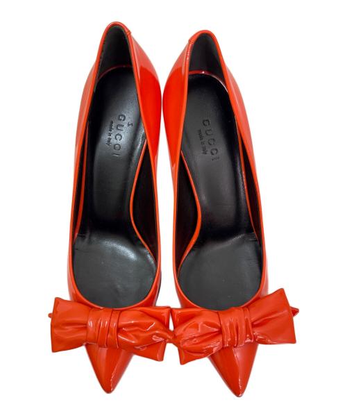 GUCCI（グッチ）GUCCI (グッチ) ハイヒールリボンパテントパンプス オレンジ サイズ:35の古着・服飾アイテム