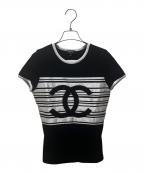 CHANELシャネル）の古着「ココマークボーダーニット」｜ブラック×ホワイト