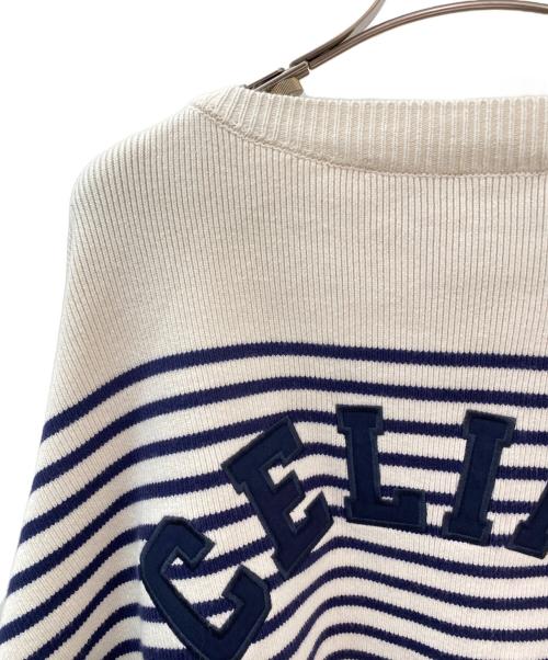 CELINE（セリーヌ）CELINE (セリーヌ) ボーダーロゴクロップドニット アイボリー×ネイビー サイズ:XSの古着・服飾アイテム