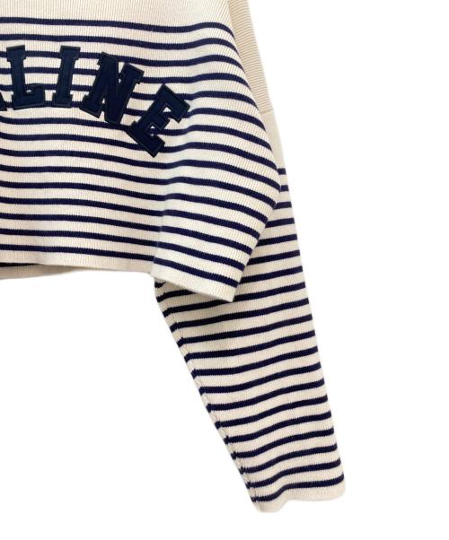 CELINE（セリーヌ）CELINE (セリーヌ) ボーダーロゴクロップドニット アイボリー×ネイビー サイズ:XSの古着・服飾アイテム