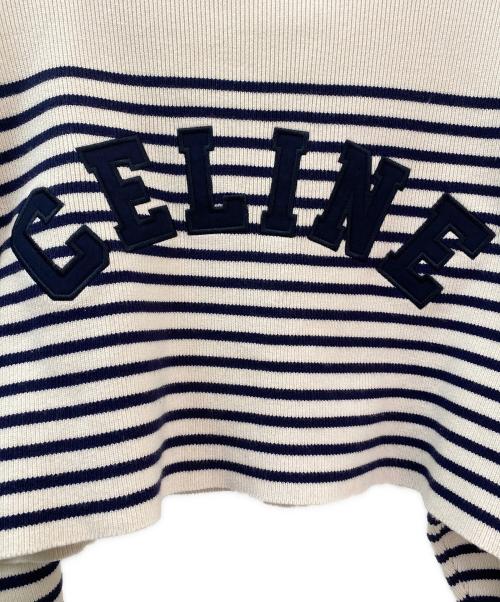 CELINE（セリーヌ）CELINE (セリーヌ) ボーダーロゴクロップドニット アイボリー×ネイビー サイズ:XSの古着・服飾アイテム
