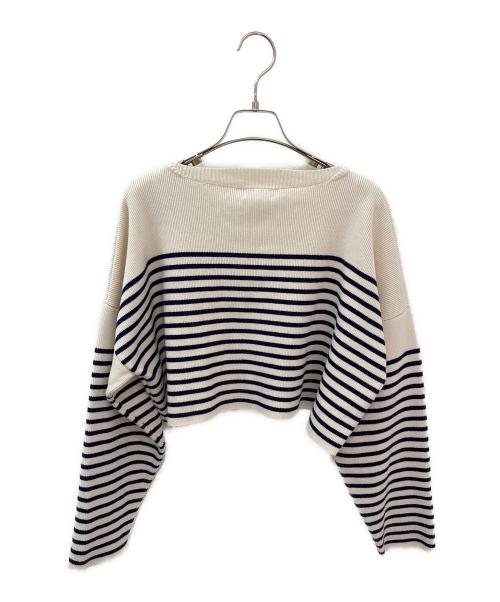CELINE（セリーヌ）CELINE (セリーヌ) ボーダーロゴクロップドニット アイボリー×ネイビー サイズ:XSの古着・服飾アイテム
