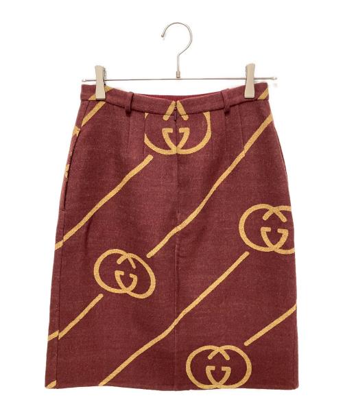GUCCI（グッチ）GUCCI (グッチ) Gucci Interlocking G Check Wool-Silk Midi Skirt/GG柄スカート レッド サイズ:40の古着・服飾アイテム
