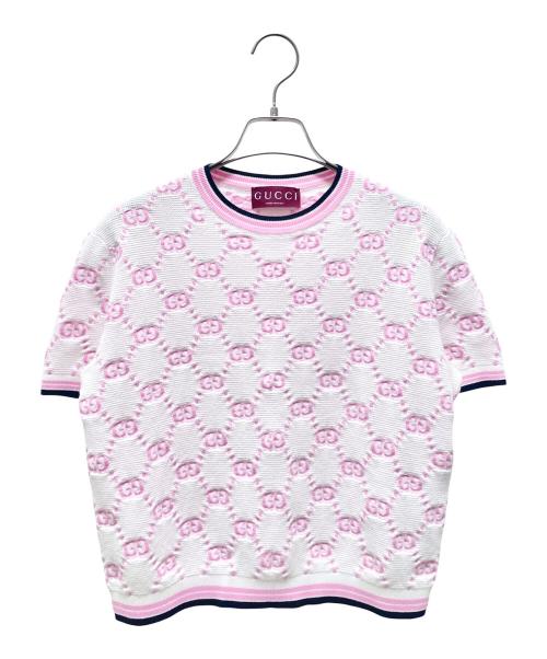 GUCCI（グッチ）GUCCI (グッチ) GGラウンドネックコットンニット ピンク×ホワイト サイズ:XSの古着・服飾アイテム