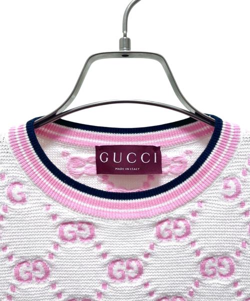 GUCCI（グッチ）GUCCI (グッチ) GGラウンドネックコットンニット ピンク×ホワイト サイズ:XSの古着・服飾アイテム