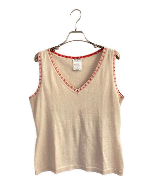 CHANEL（シャネル）CHANEL (シャネル) カシミヤニットベスト ベージュ×レッド サイズ:42の古着・服飾アイテム