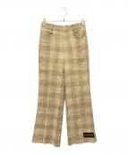 GUCCIグッチ）の古着「Gucci Beige and Green Check Linen Straight-Leg Pants/チェックリネンラウンドポケット パンツ」｜グリーン×ベージュ