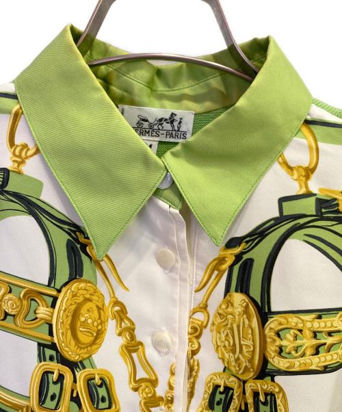 HERMES（エルメス）HERMES (エルメス) ニット切替シルクシャツ グリーン×ゴールド×ホワイト サイズ:Ｍの古着・服飾アイテム