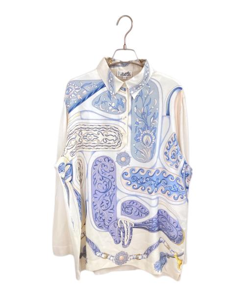 HERMES（エルメス）HERMES (エルメス) ニット切替シャツ アイボリー×スカイブルー×パープ サイズ:Lの古着・服飾アイテム