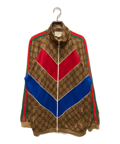GUCCI（グッチ）GUCCI (グッチ) GG Plain Knit Jacket For Men Brown/GGテクニカルジャージジャケット ブラウン×レッド×ブルー サイズ:Sの古着・服飾アイテム