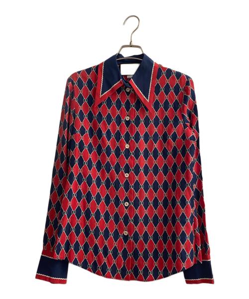 GUCCI（グッチ）GUCCI (グッチ) rhombus print silk shirt レッド×ネイビー サイズ:38の古着・服飾アイテム