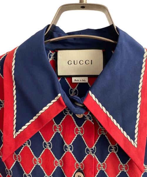 GUCCI（グッチ）GUCCI (グッチ) rhombus print silk shirt レッド×ネイビー サイズ:38の古着・服飾アイテム