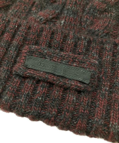 PRADA（プラダ）PRADA (プラダ) Wool Blend Ribbed Knit Beanie/ニット帽 レッド×ブラック サイズ:Mの古着・服飾アイテム
