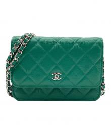 CHANEL（シャネル）の古着「Matelassé Caviar Skin Chain Shoulder Wallet/マトラッセキャビアスキン ショルダーウォレット」｜グリーン×シルバー金具