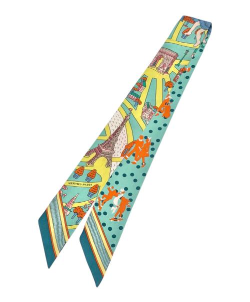 HERMES（エルメス）HERMES (エルメス) ツイリー/新パリの恋人たち グリーン×オレンジ×マルチカラーの古着・服飾アイテム