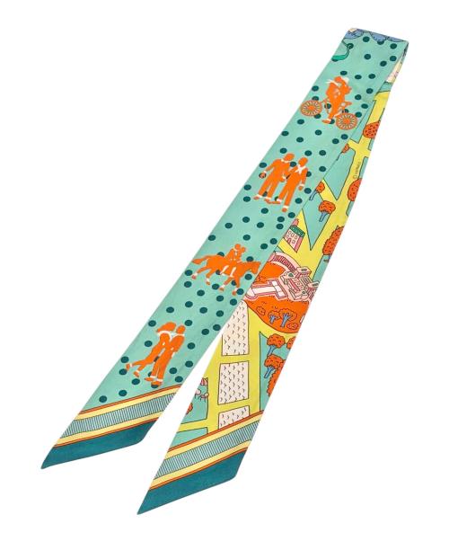 HERMES（エルメス）HERMES (エルメス) ツイリー/新パリの恋人たち グリーン×オレンジ×マルチカラーの古着・服飾アイテム