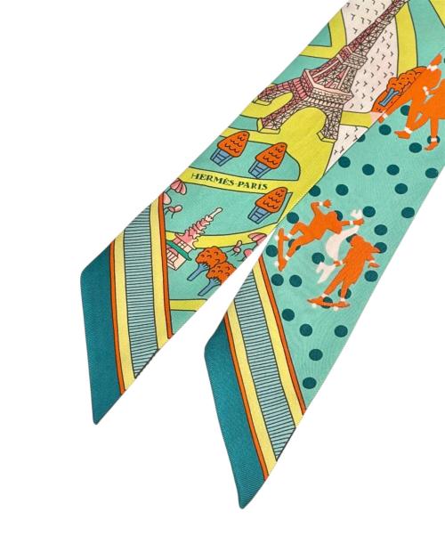 HERMES（エルメス）HERMES (エルメス) ツイリー/新パリの恋人たち グリーン×オレンジ×マルチカラーの古着・服飾アイテム
