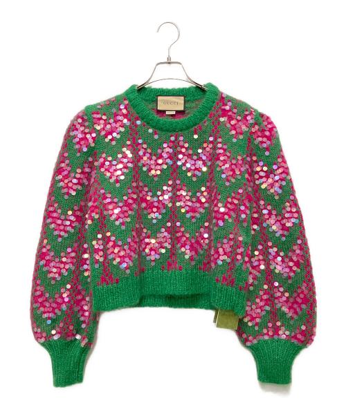 GUCCI（グッチ）GUCCI (グッチ) Sequin-Embellished Knit Sweater/モヘア混スパンコールセーター グリーン×ピンク サイズ:Lの古着・服飾アイテム