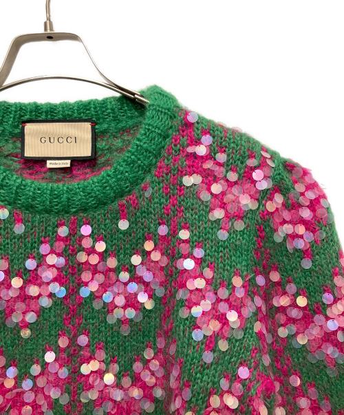 GUCCI（グッチ）GUCCI (グッチ) Sequin-Embellished Knit Sweater/モヘア混スパンコールセーター グリーン×ピンク サイズ:Lの古着・服飾アイテム