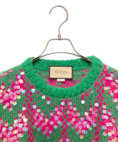 GUCCI（グッチ）GUCCI (グッチ) Sequin-Embellished Knit Sweater/モヘア混スパンコールセーター グリーン×ピンク サイズ:Lの古着・服飾アイテム