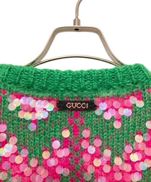 GUCCI（グッチ）GUCCI (グッチ) Sequin-Embellished Knit Sweater/モヘア混スパンコールセーター グリーン×ピンク サイズ:Lの古着・服飾アイテム