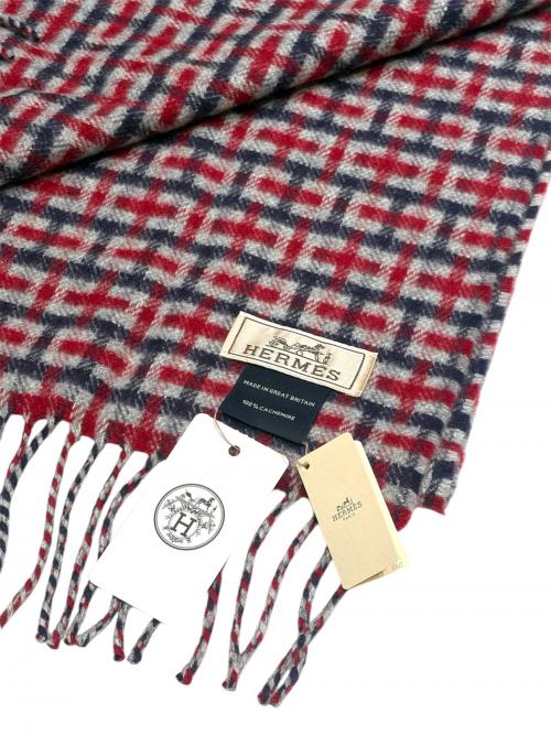 HERMES（エルメス）HERMES (エルメス) Hロゴカシミヤストール レッド×ネイビーの古着・服飾アイテム