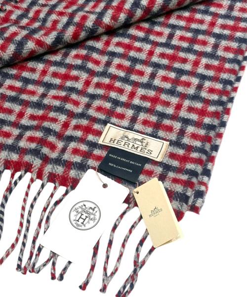 HERMES（エルメス）HERMES (エルメス) Hロゴカシミヤストール レッド×ネイビーの古着・服飾アイテム