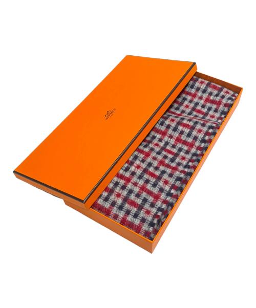 HERMES（エルメス）HERMES (エルメス) Hロゴカシミヤストール レッド×ネイビーの古着・服飾アイテム