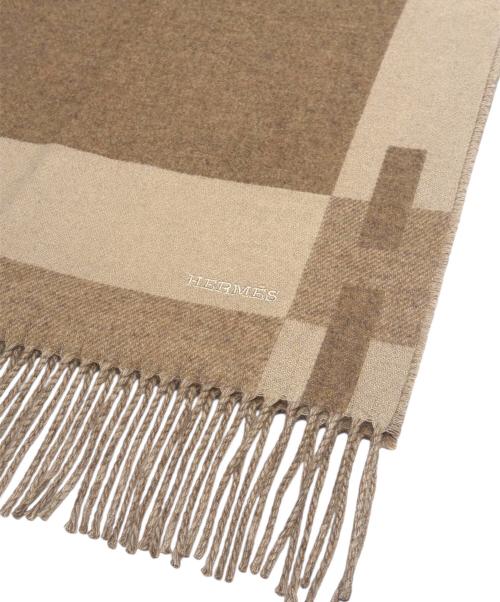 HERMES（エルメス）HERMES (エルメス) カシミヤマフラー Hパッサン ベージュ×ブラウンの古着・服飾アイテム
