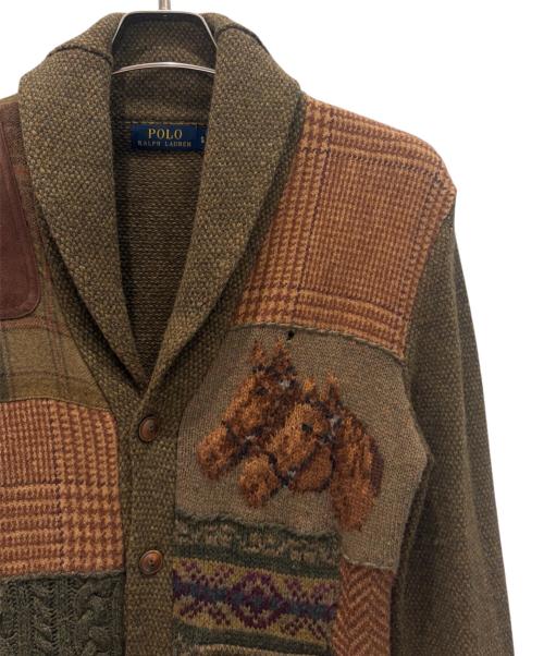 POLO RALPH LAUREN（ポロ・ラルフローレン）POLO RALPH LAUREN (ポロ・ラルフローレン) ショールカラー パッチワーク ニット カーディガン オリーブ サイズ:Sの古着・服飾アイテム