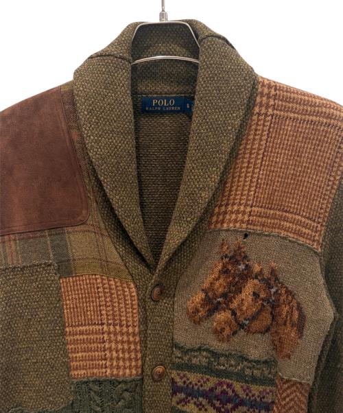POLO RALPH LAUREN（ポロ・ラルフローレン）POLO RALPH LAUREN (ポロ・ラルフローレン) ショールカラー パッチワーク ニット カーディガン オリーブ サイズ:Sの古着・服飾アイテム
