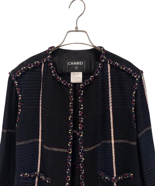 CHANEL（シャネル）CHANEL (シャネル) ノーカラーツイードジャケット ネイビー サイズ:40の古着・服飾アイテム