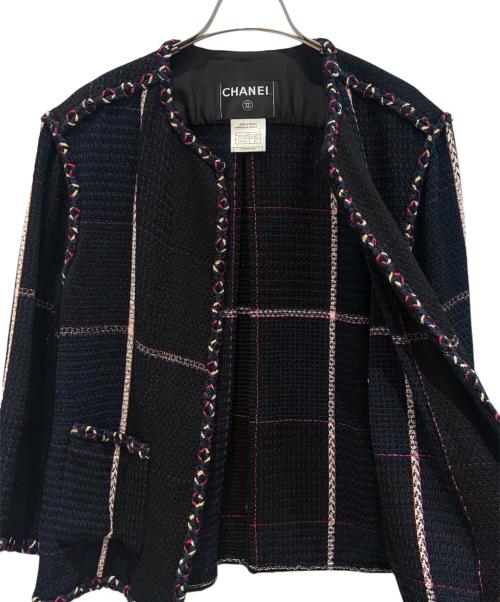CHANEL（シャネル）CHANEL (シャネル) ノーカラーツイードジャケット ネイビー サイズ:40の古着・服飾アイテム