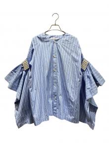 JUNYA WATANABE COMME des GARCONS（(ジュンヤワタナベ コムデギャルソン）の古着「両袖パール装飾ストライプデザインシャツ」｜ブルー