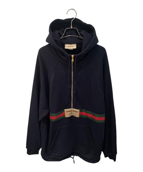 GUCCI（グッチ）GUCCI (グッチ) ウェブ&GUCCIラベル付きスウェットシャツ ネイビー サイズ:Mの古着・服飾アイテム